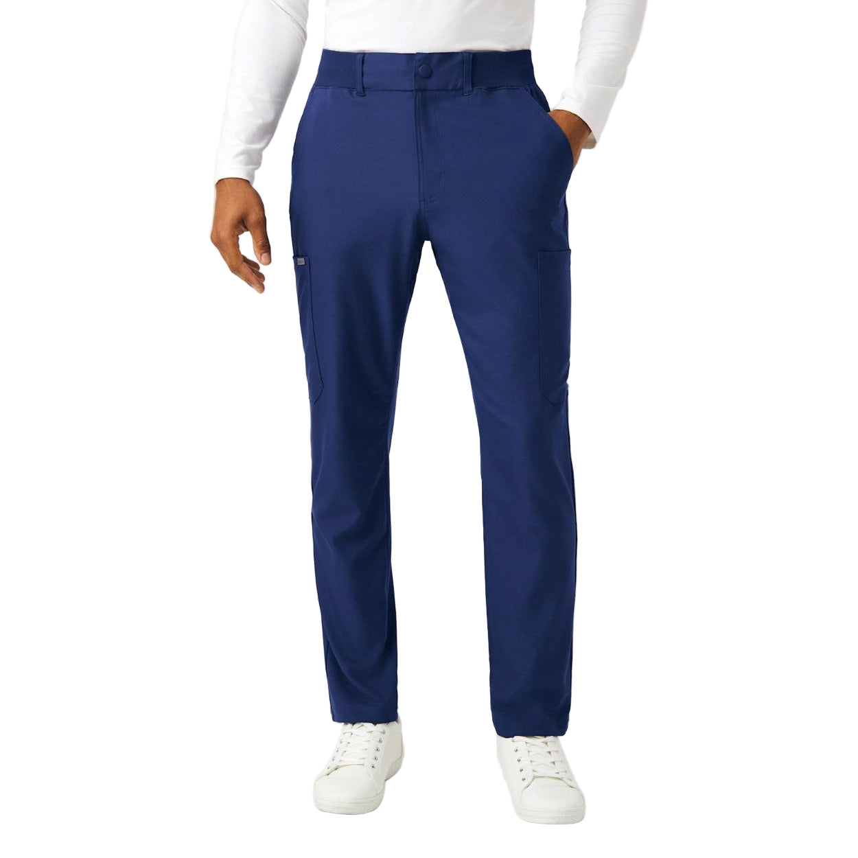 Navy scrub pants on a white background