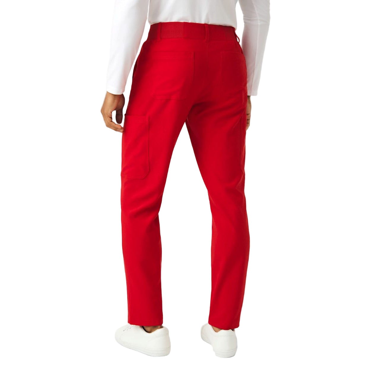 Red scrub pants on a white background