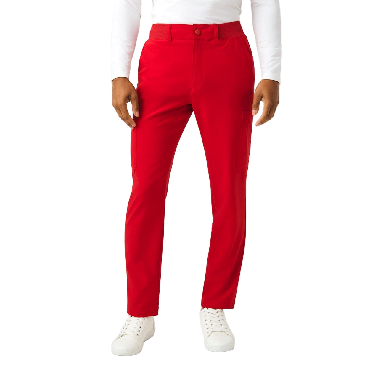 Red scrub pants on a white background