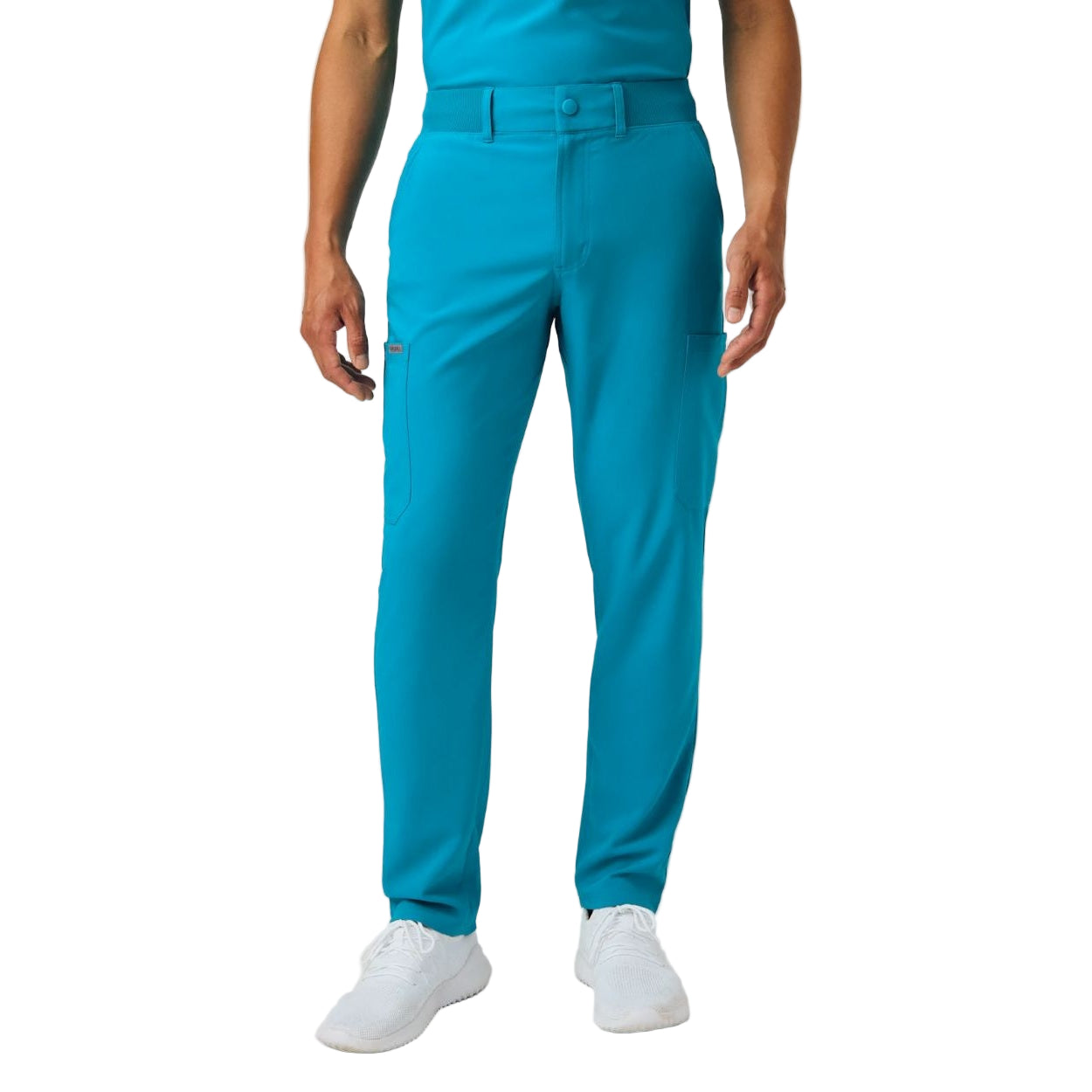 Teal scrub pants on a white background