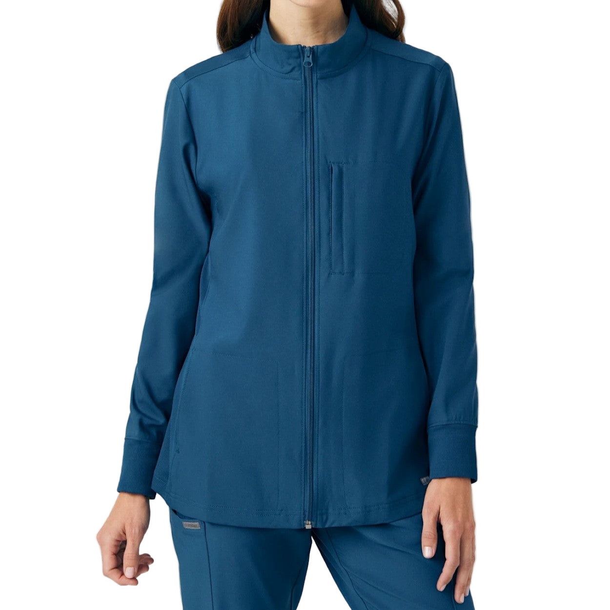 Caribbean blue scrub jacket on a white background