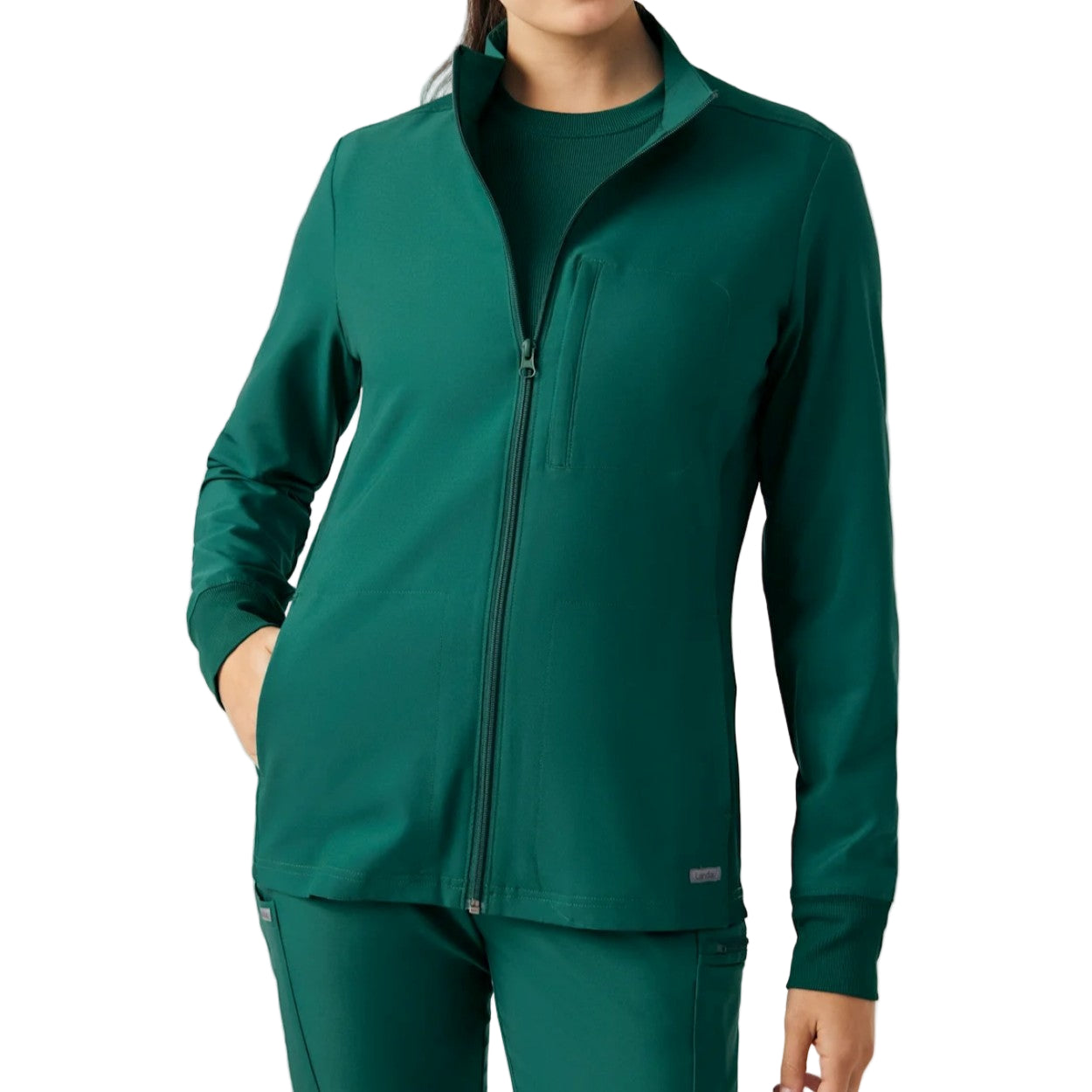 Hunter green scrub jacket on a white background