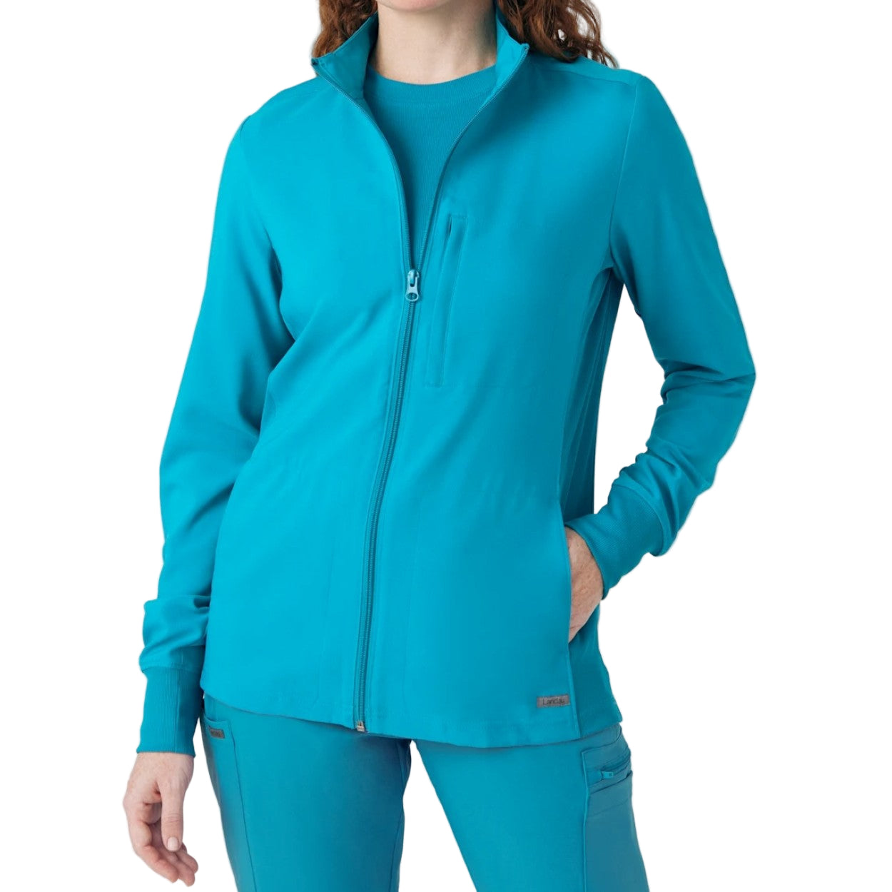 Teal scrub jacket on a white background