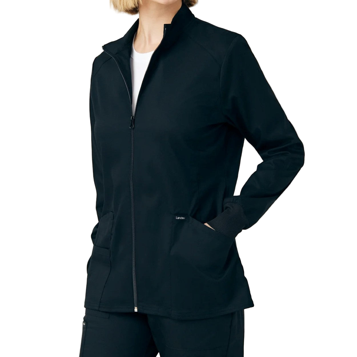 Black scrub jacket on a white background