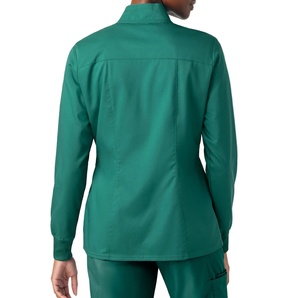 Hunter green scrub jacket on a white background