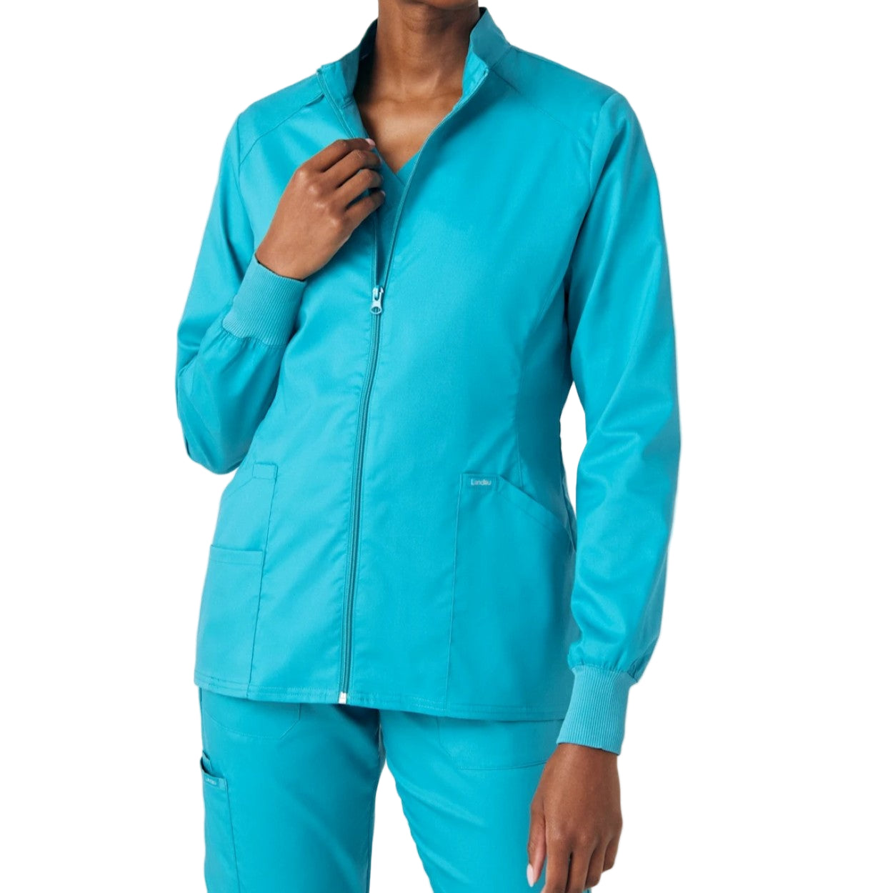 Teal scrub jacket on a white background
