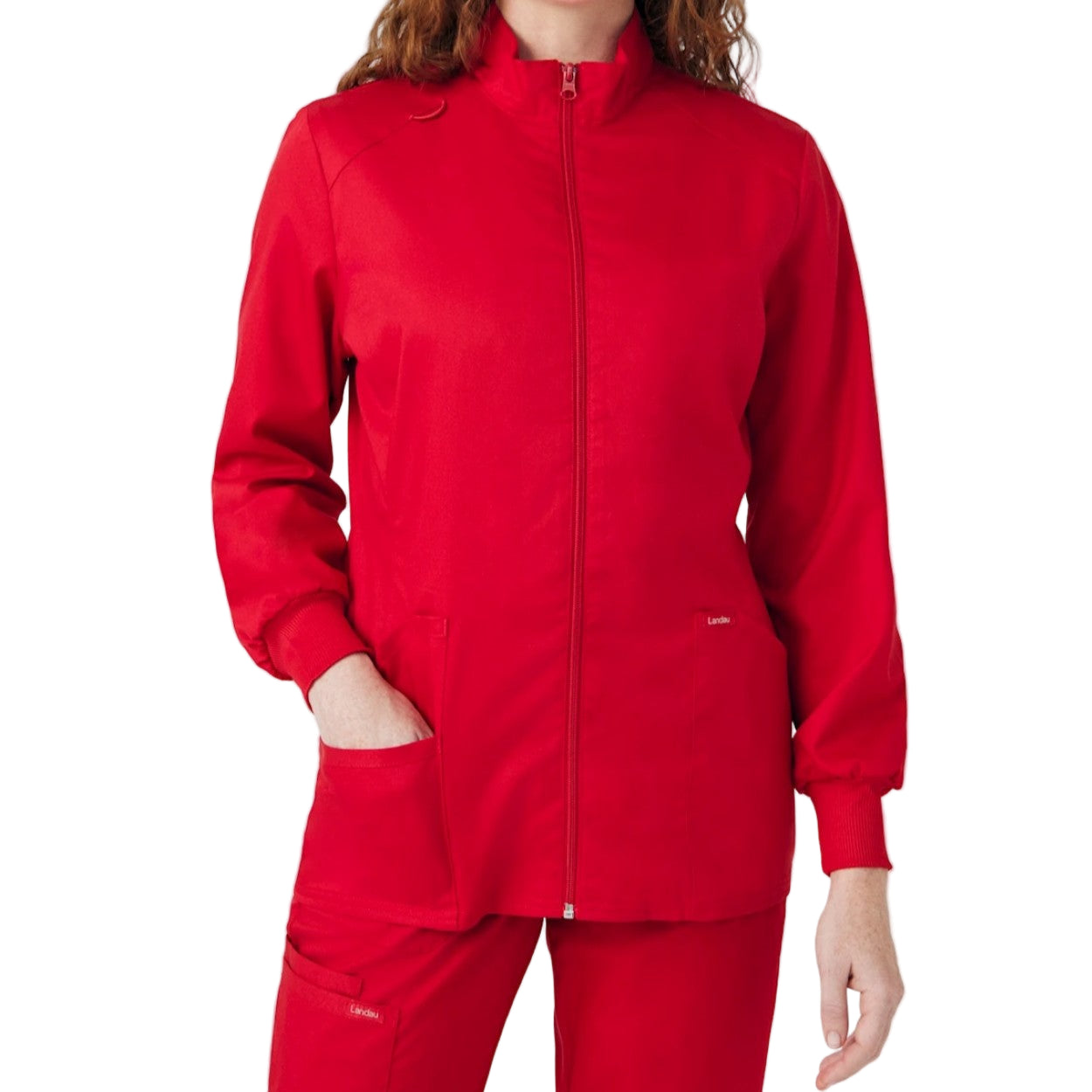 True red scrub jacket on a white background