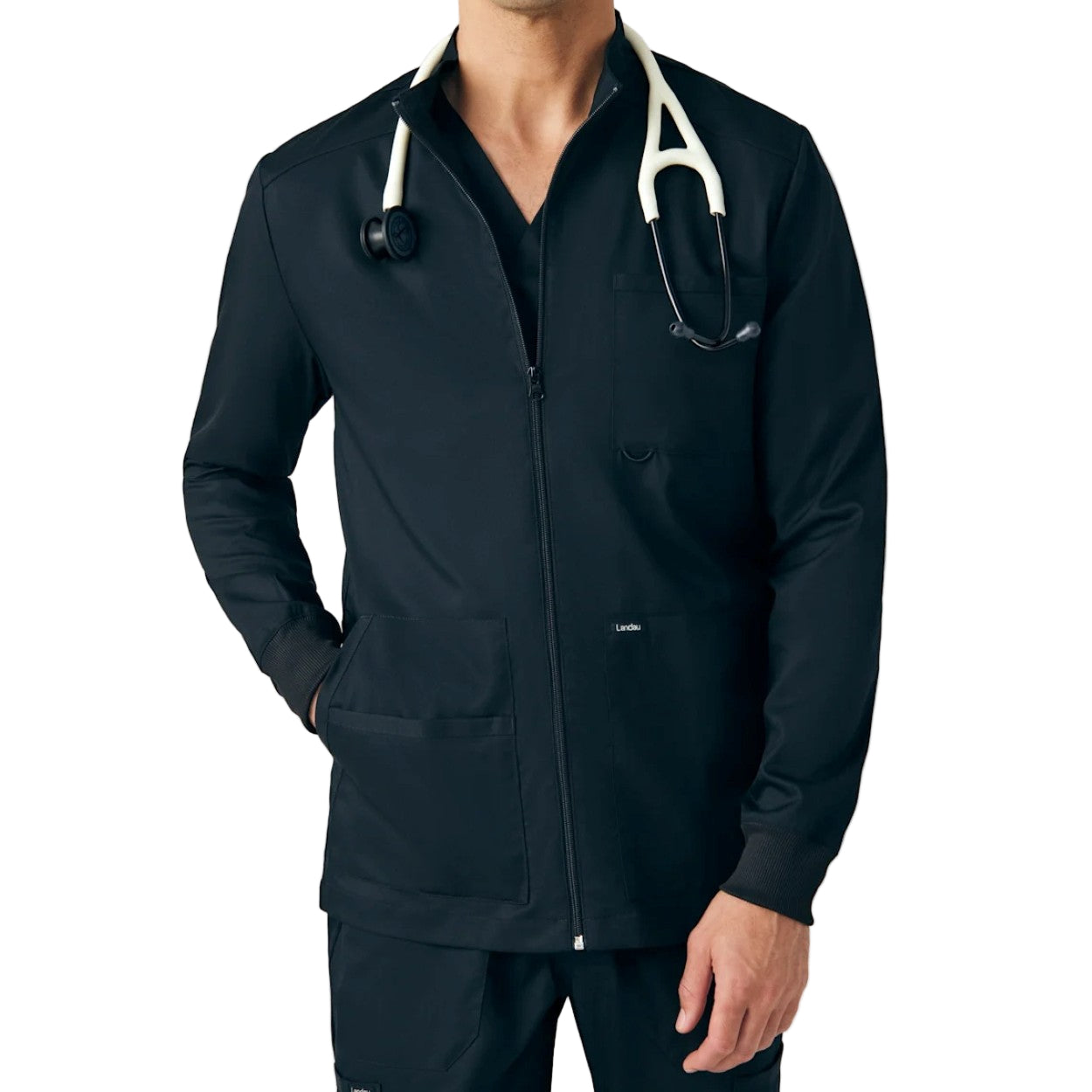 Black scrub jacket on a white background