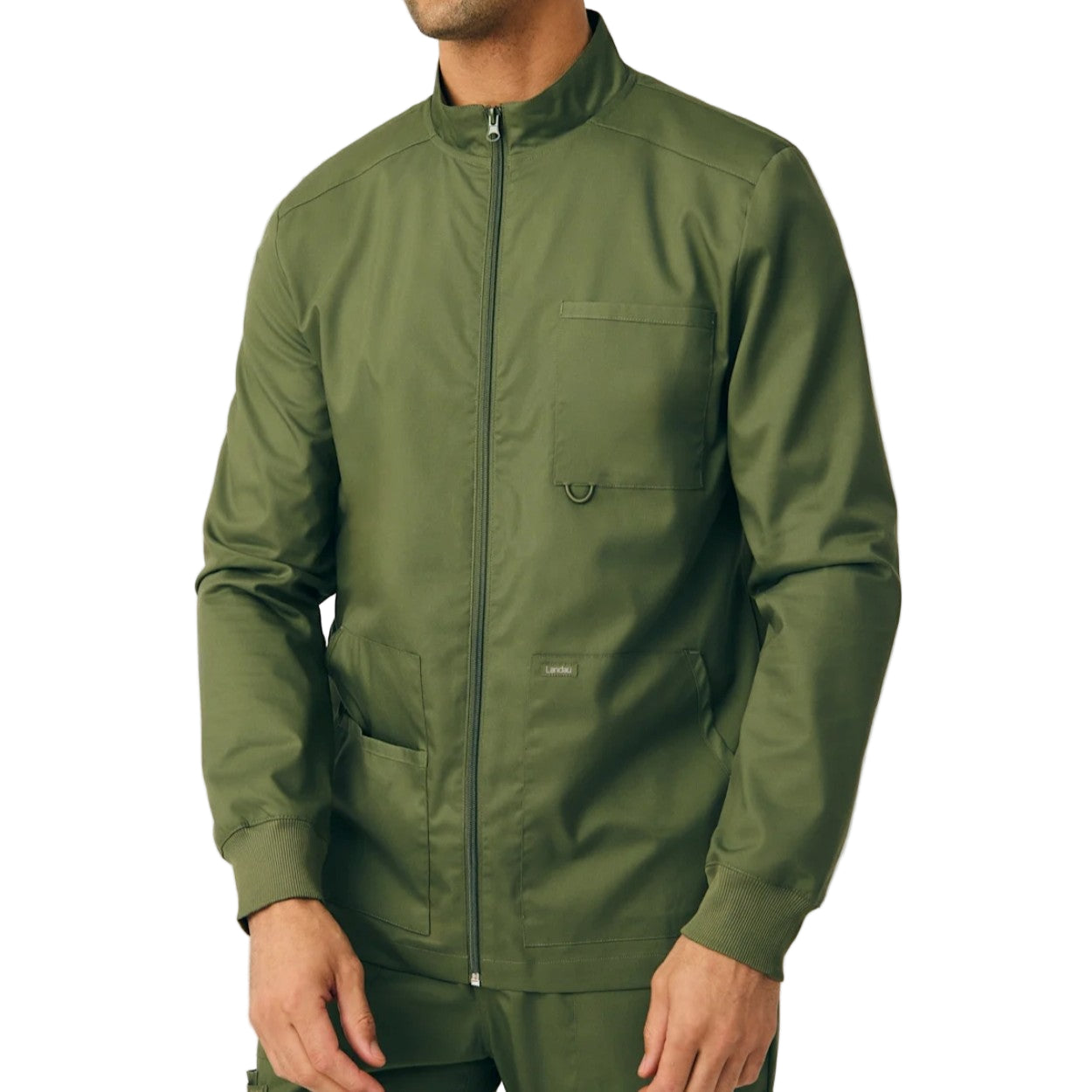 Olive moss scrub jacket on a white background