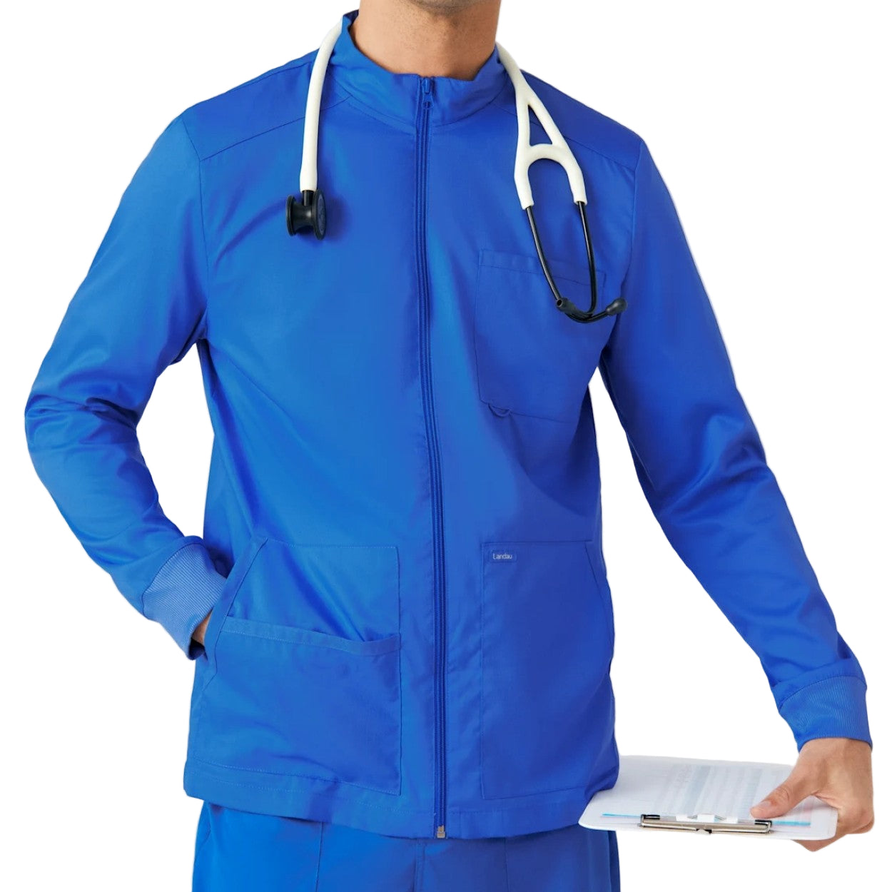 Royal blue scrub jacket on a white background
