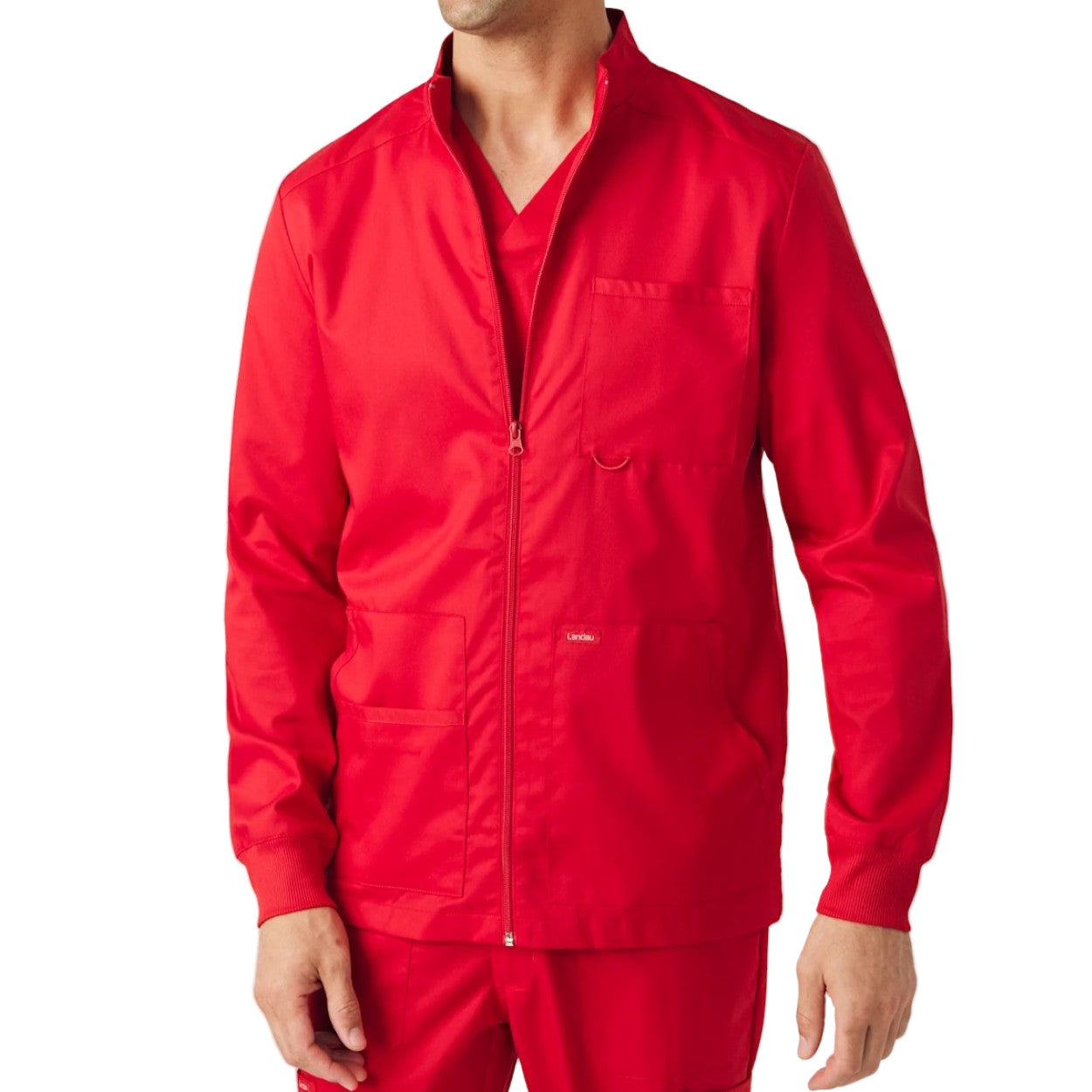 True red scrub jacket on a white background