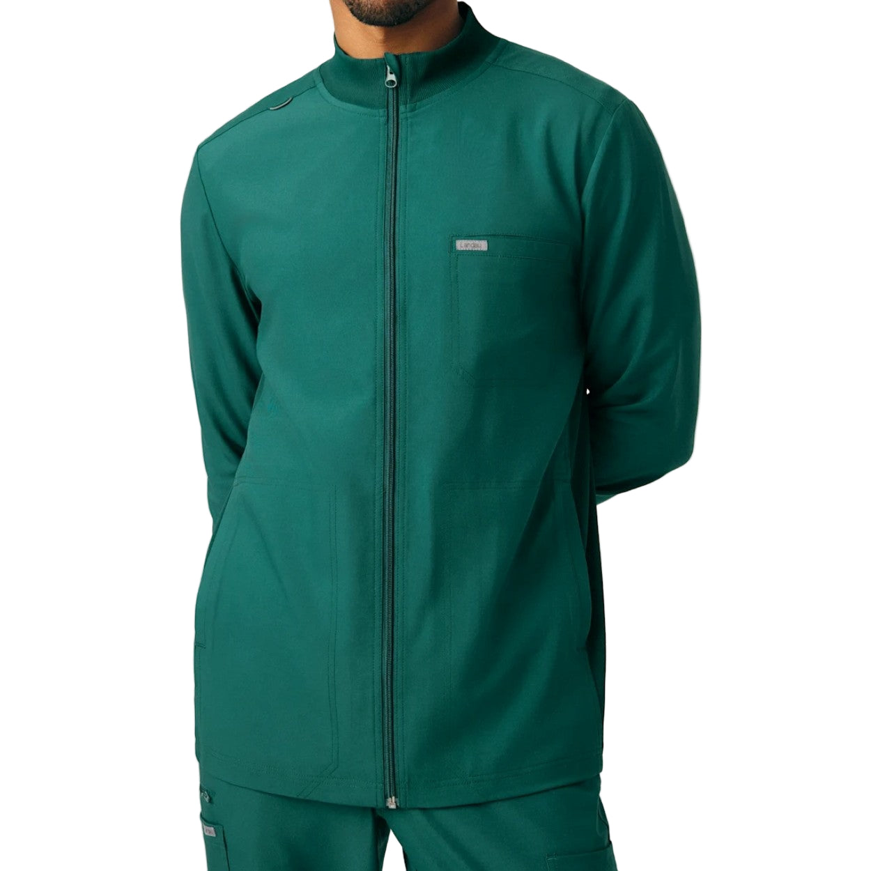 Hunter green scrub jacket on a white background