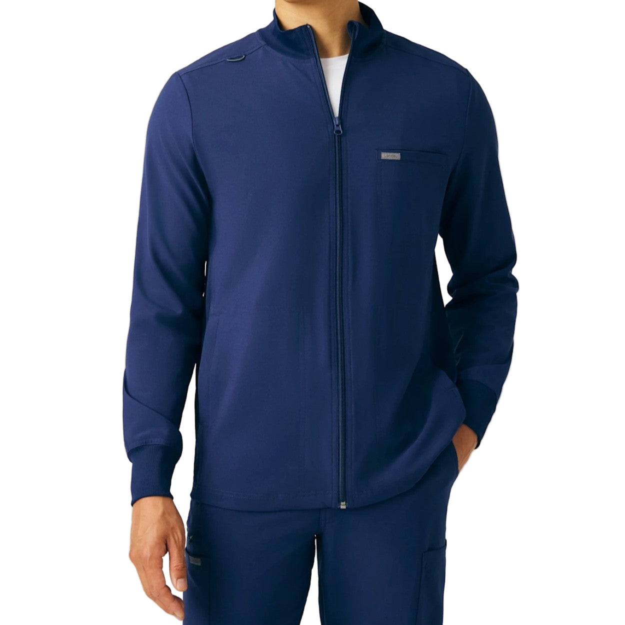 Navy scrub jacket on a white background