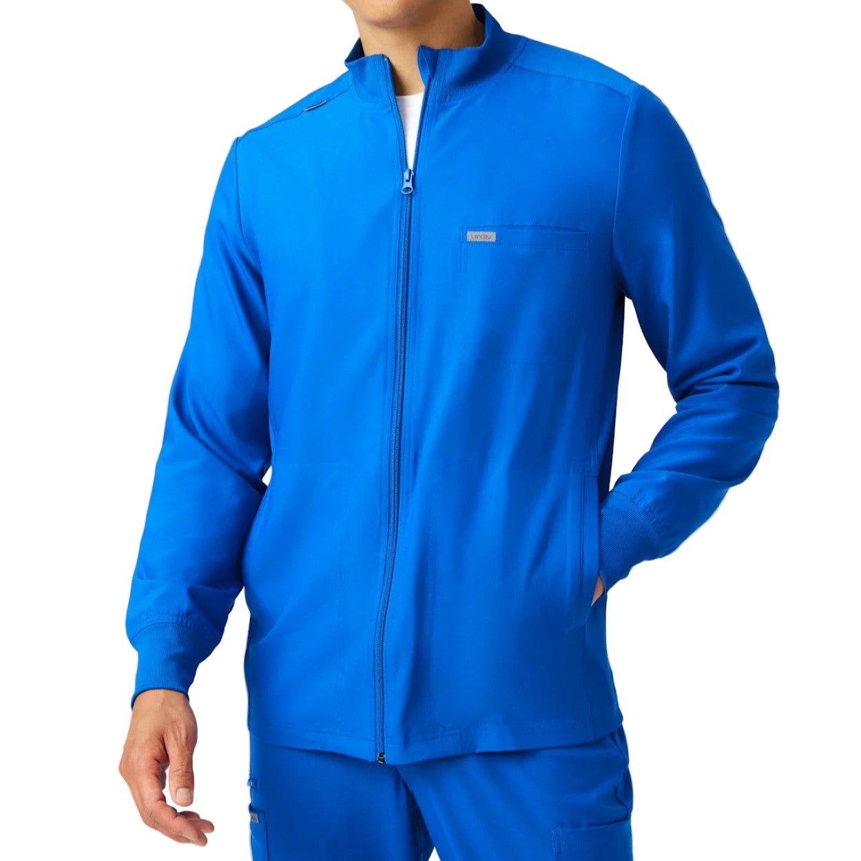 Royal blue scrub jacket on a white background
