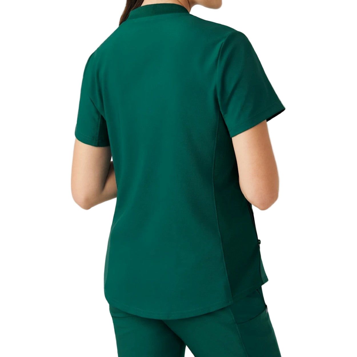 Hunter green scrub top on a white background