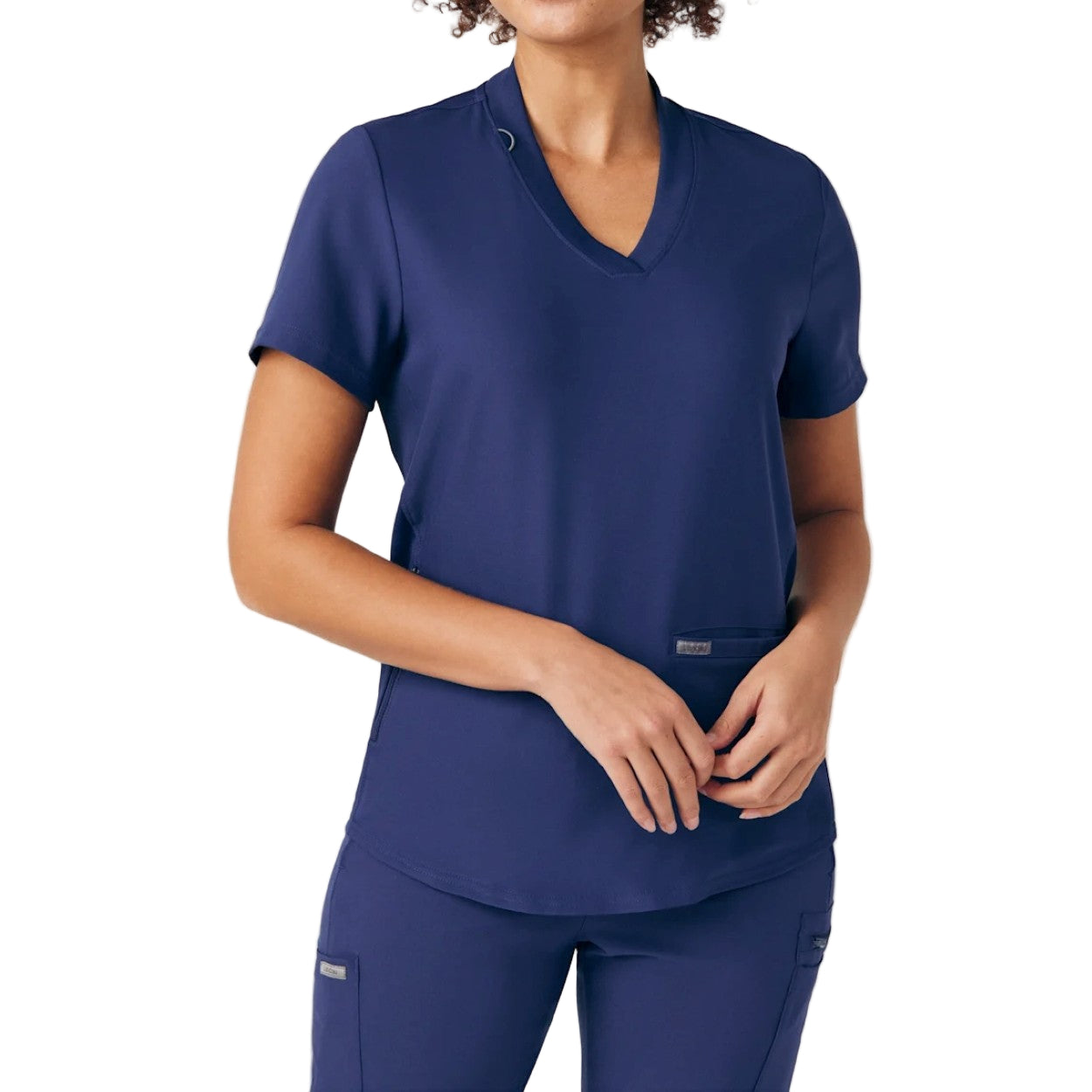 Navy scrub top on a white background