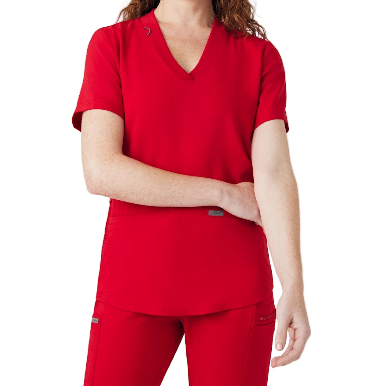 Red scrub top on a white background