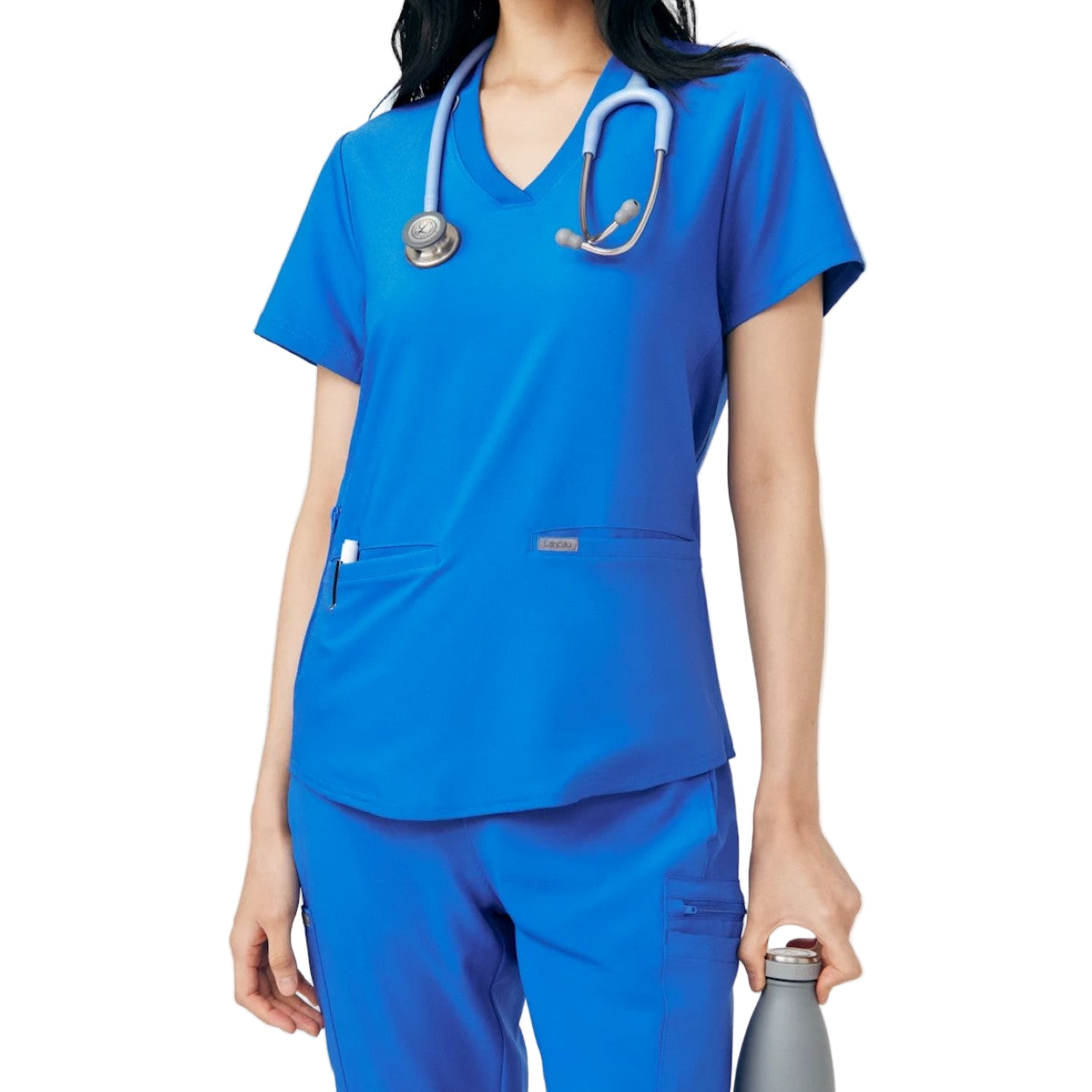 Royal blue scrub top on a white background