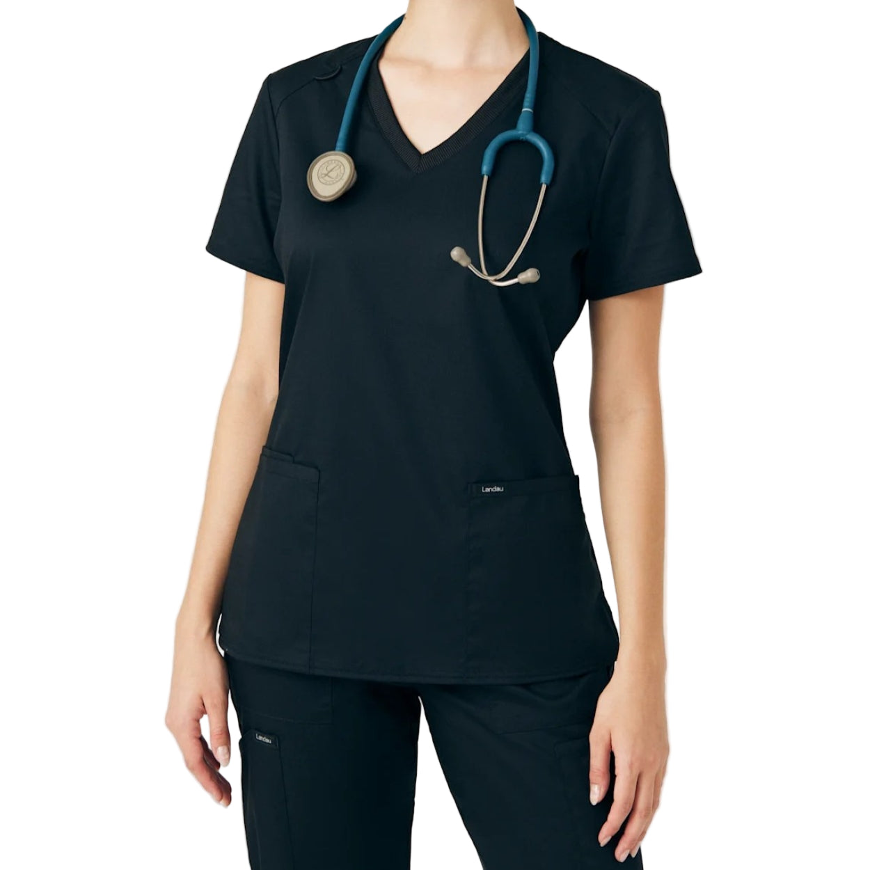 Black scrub top on a white background