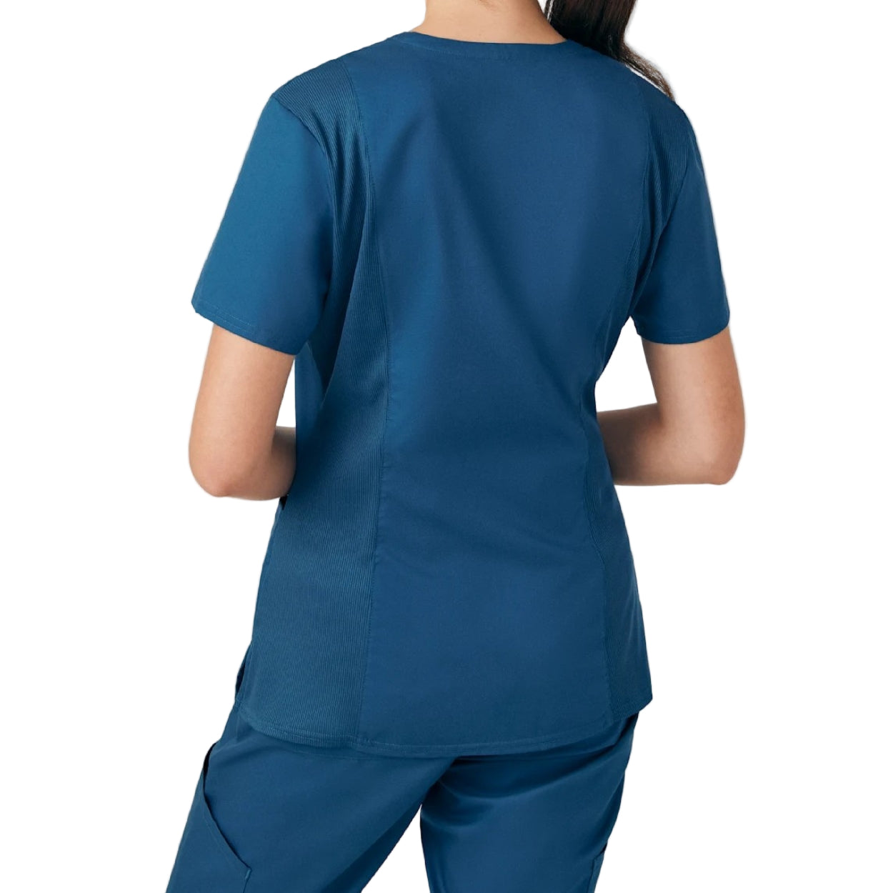 Caribbean blue scrub top on a white background