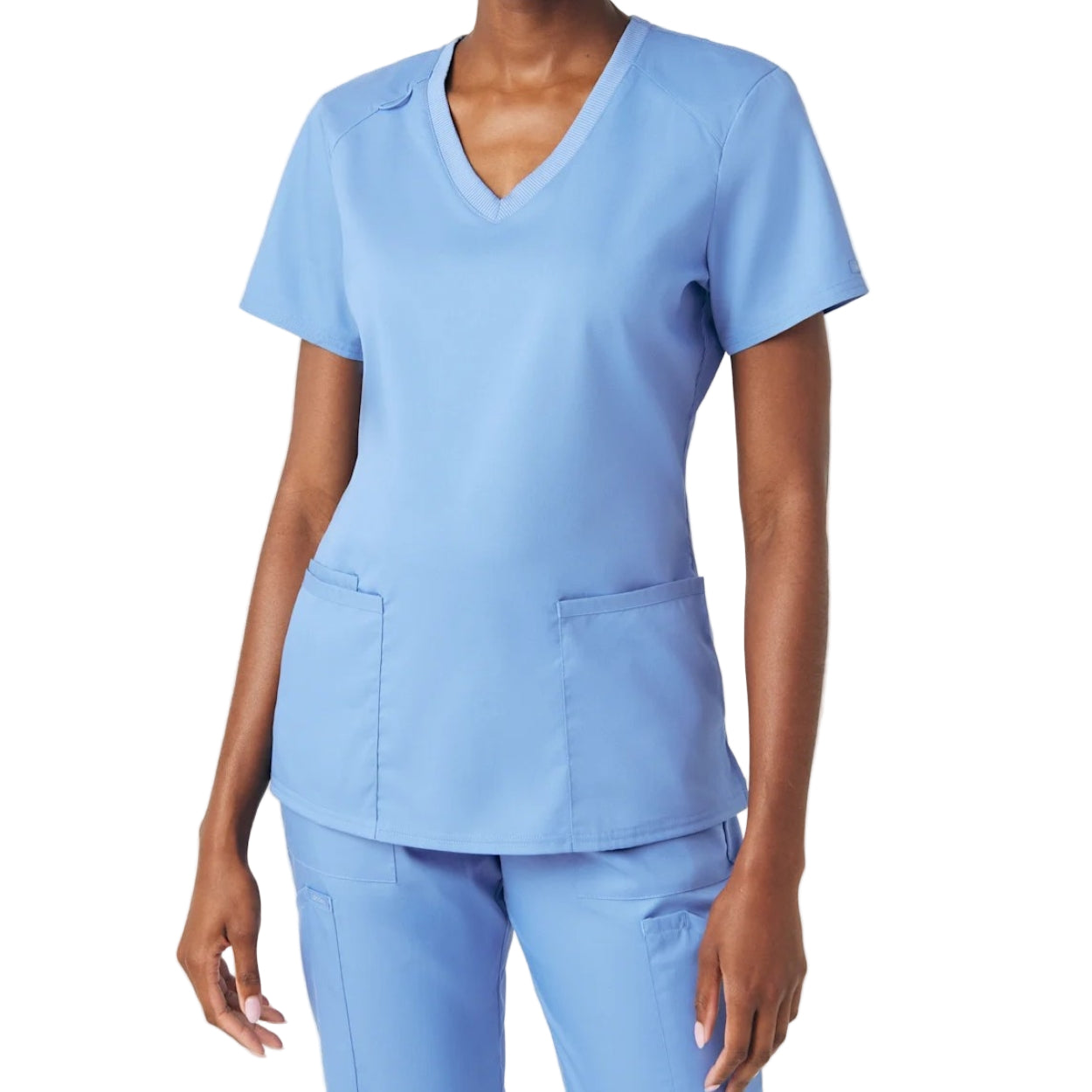 Ceil blue scrub top on a white background