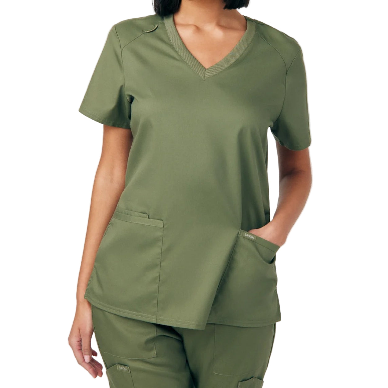 Olive moss scrub top on a white background