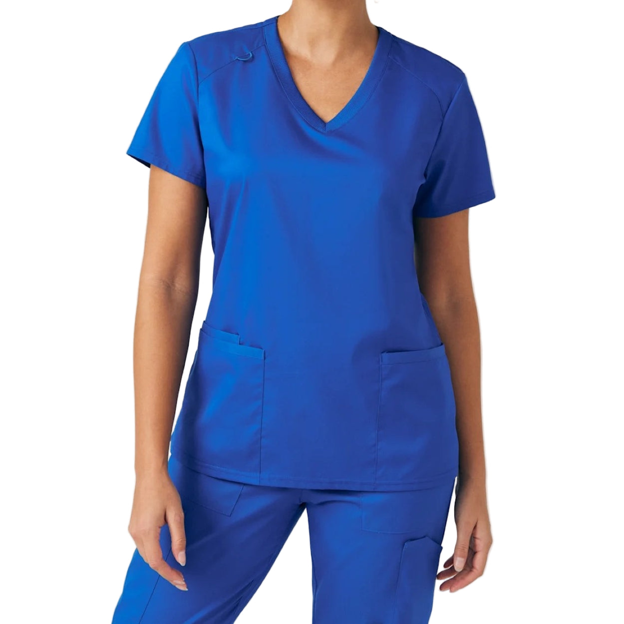 Royal blue scrub top on a white background