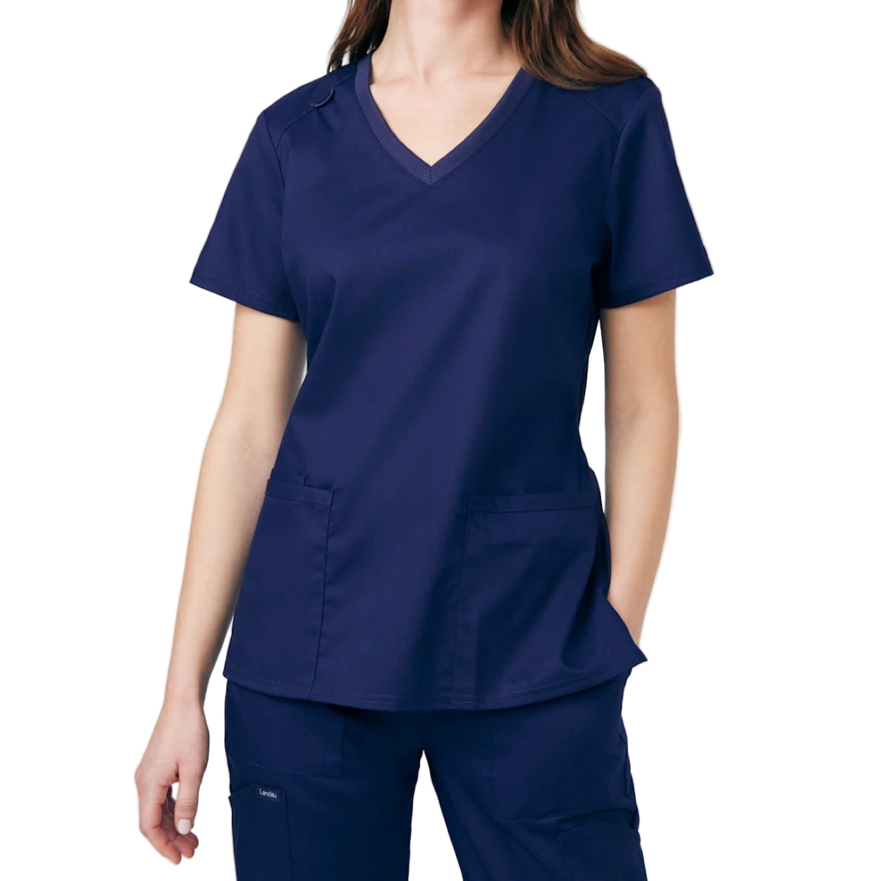 True navy scrub top on a white background