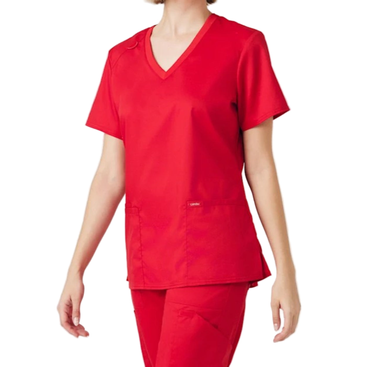 True red scrub top on a white background