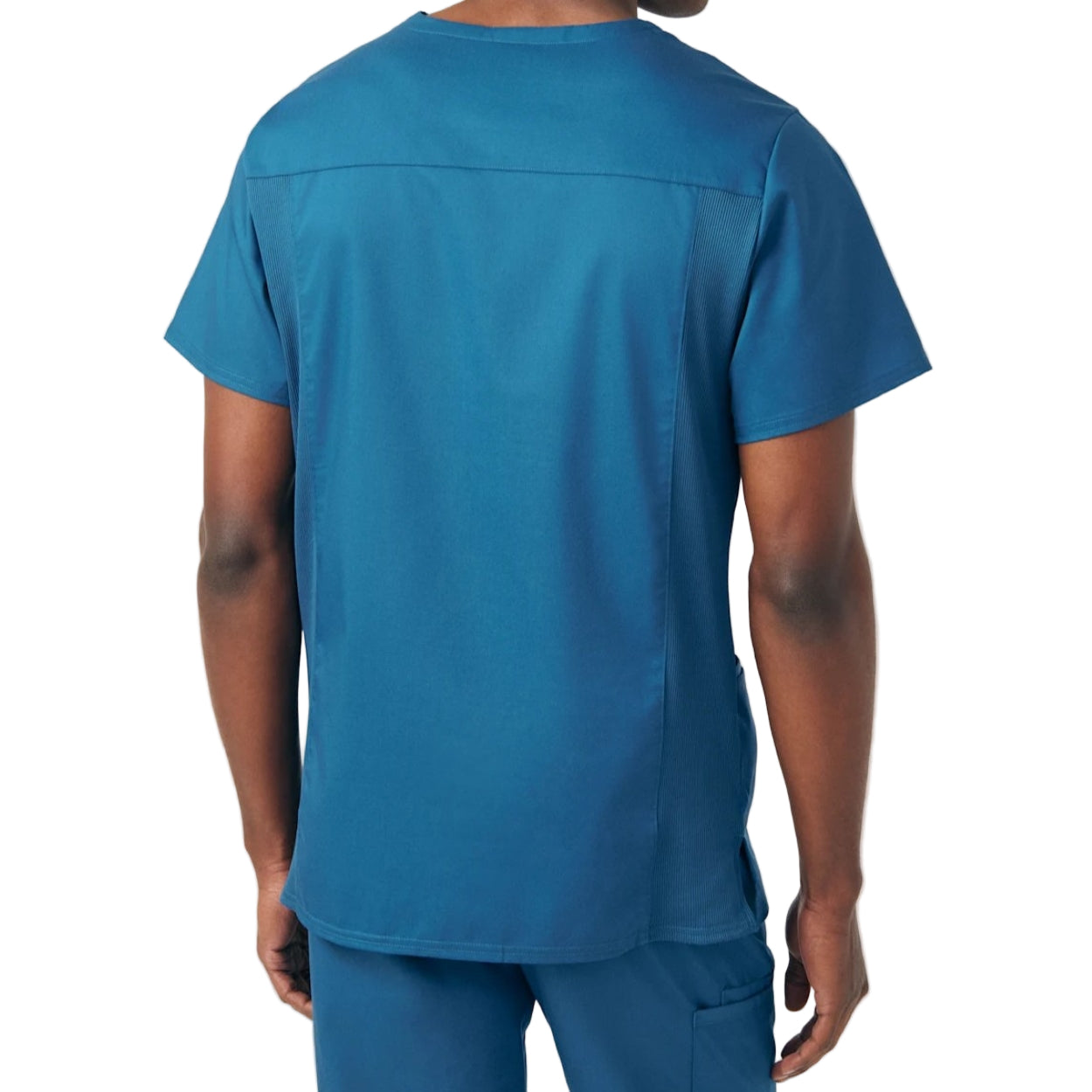 Caribbean blue scrub top on a white background