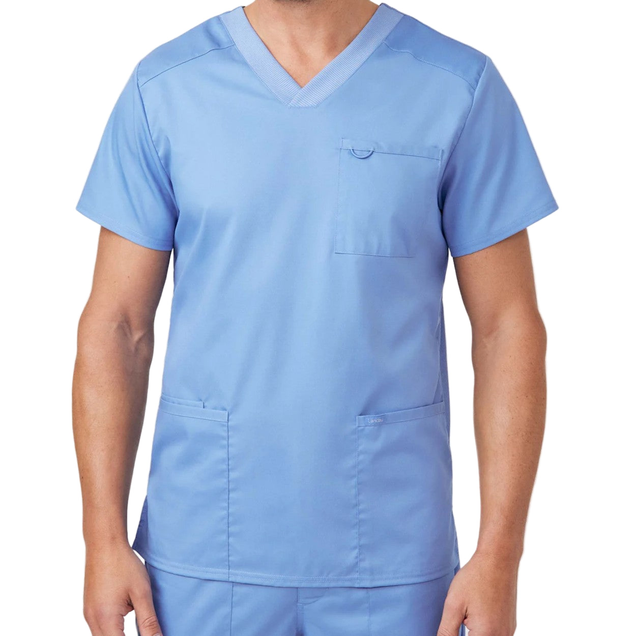 Ceil blue scrub top on a white background