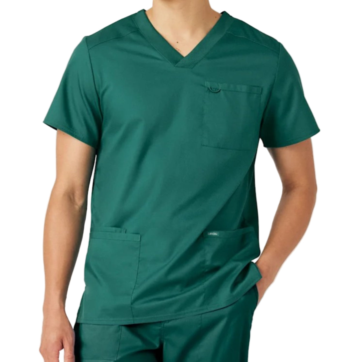 Hunter green scrub top on a white background