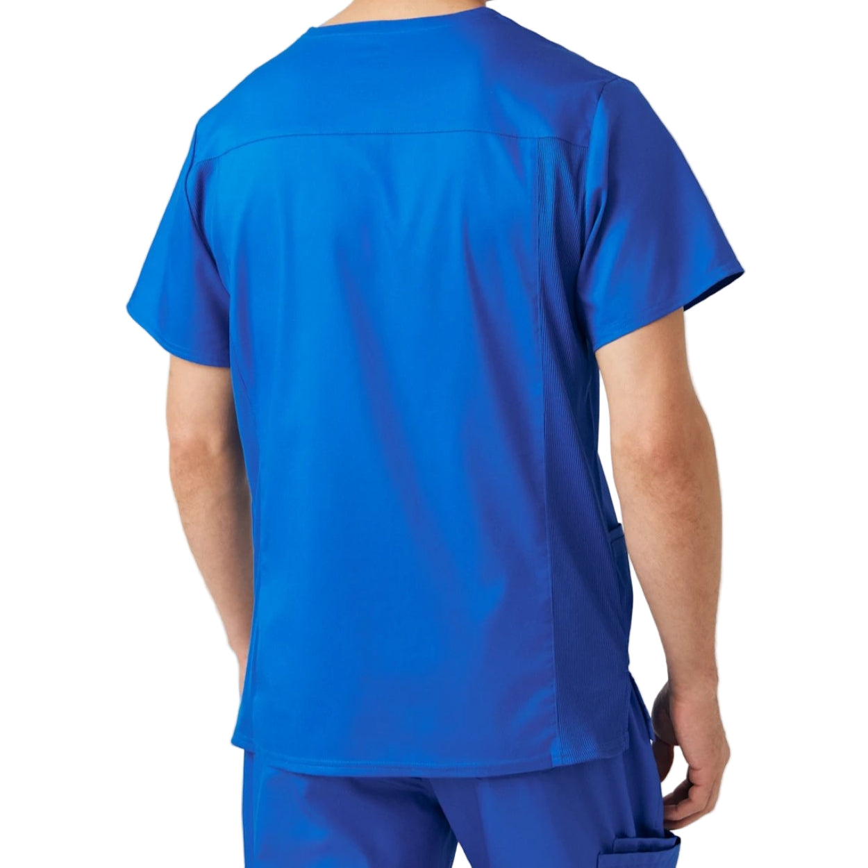 Royal blue scrub top on a white background