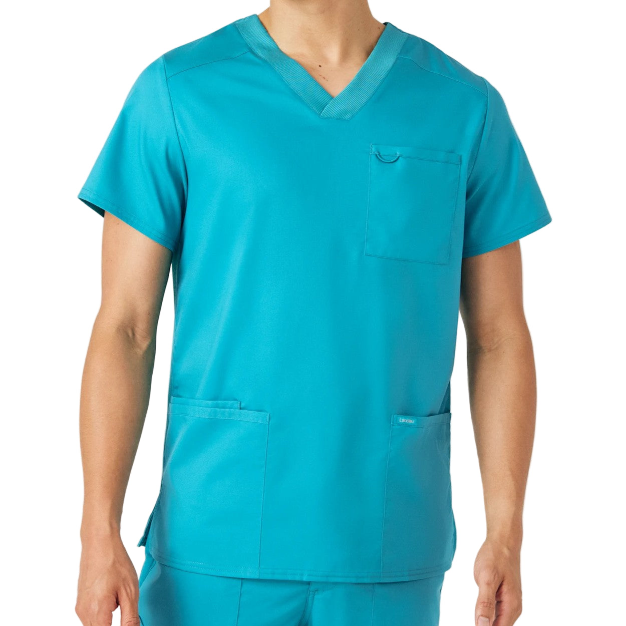 Teal scrub top on a white background