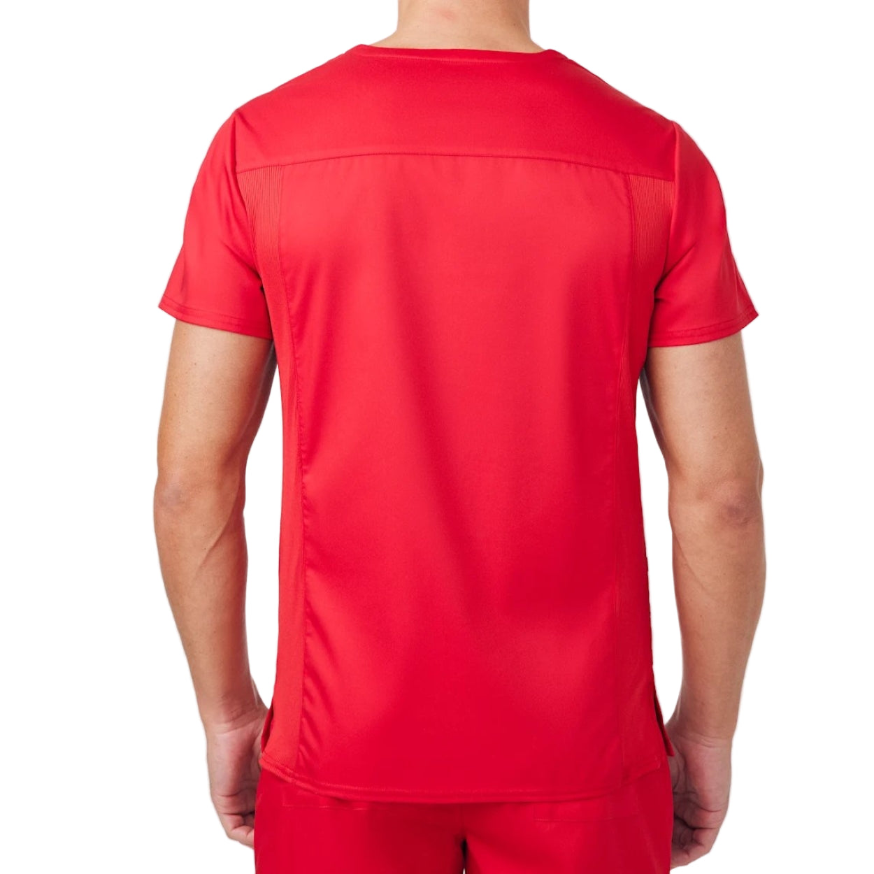 True red scrub top on a white background