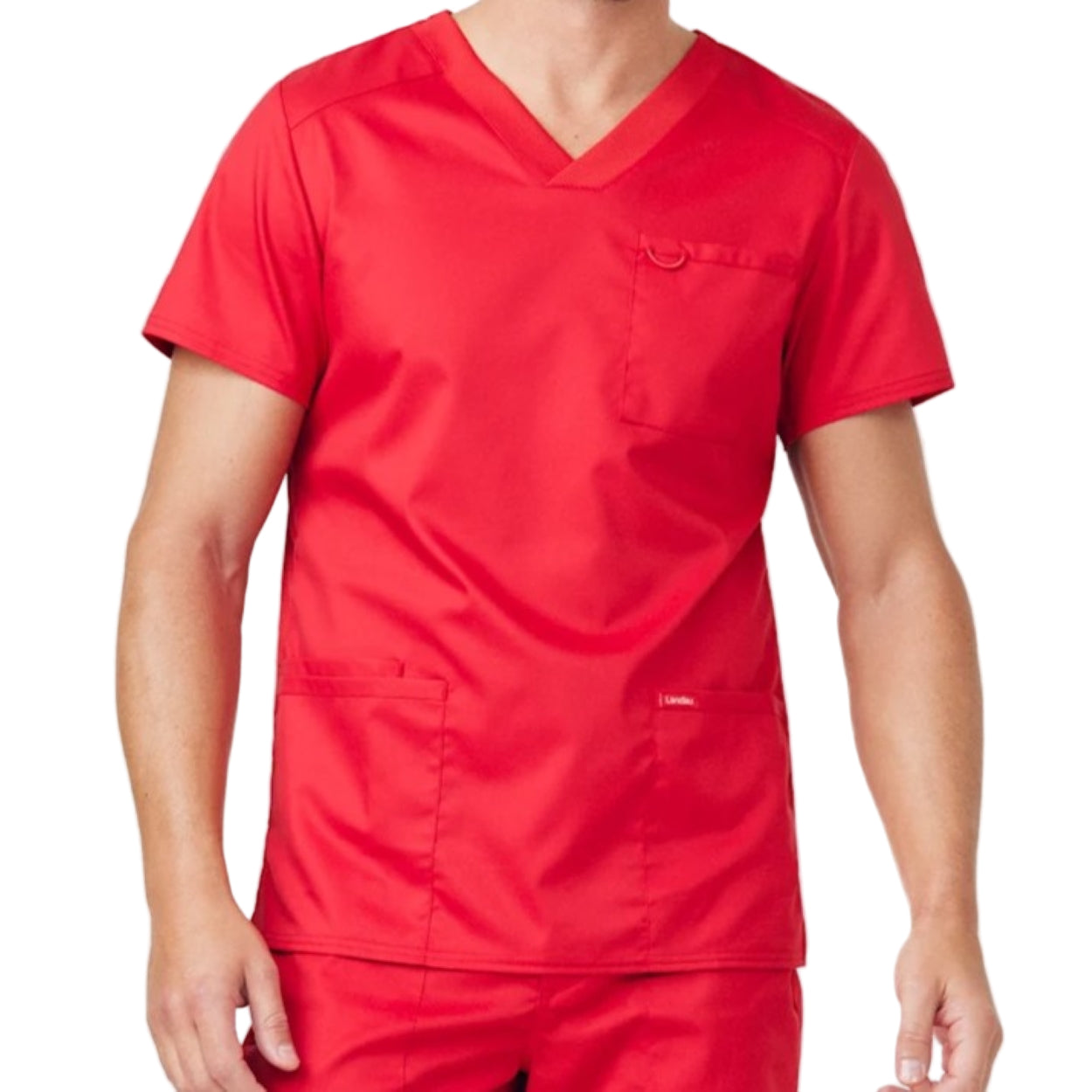 True red scrub top on a white background