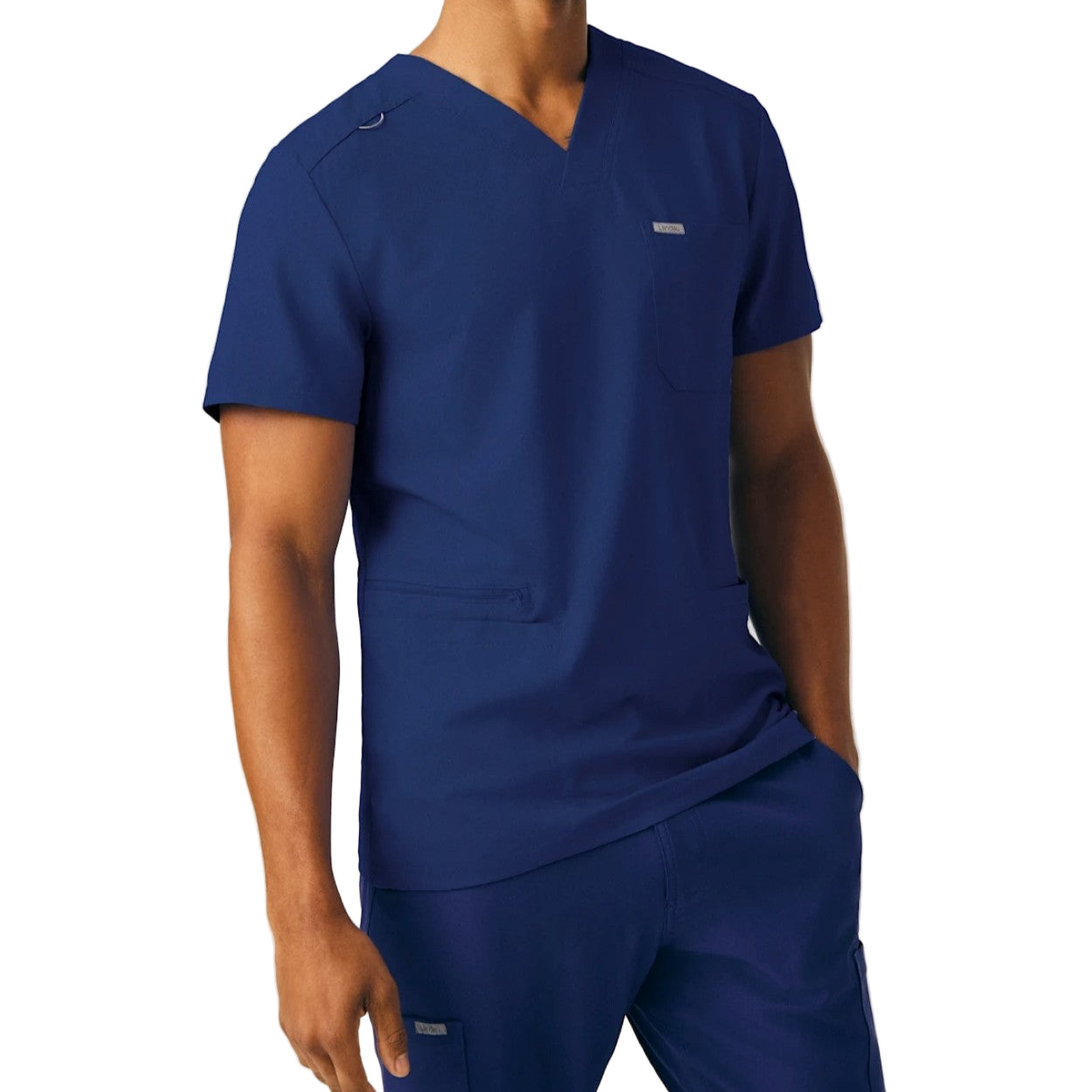 Navy scrub top on a white background