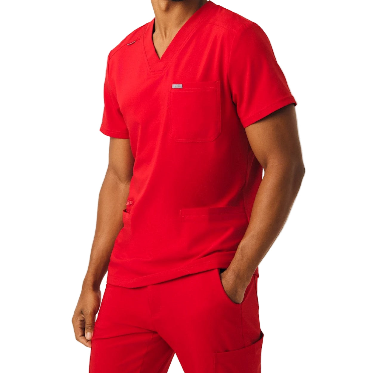 Red scrub top on a white background