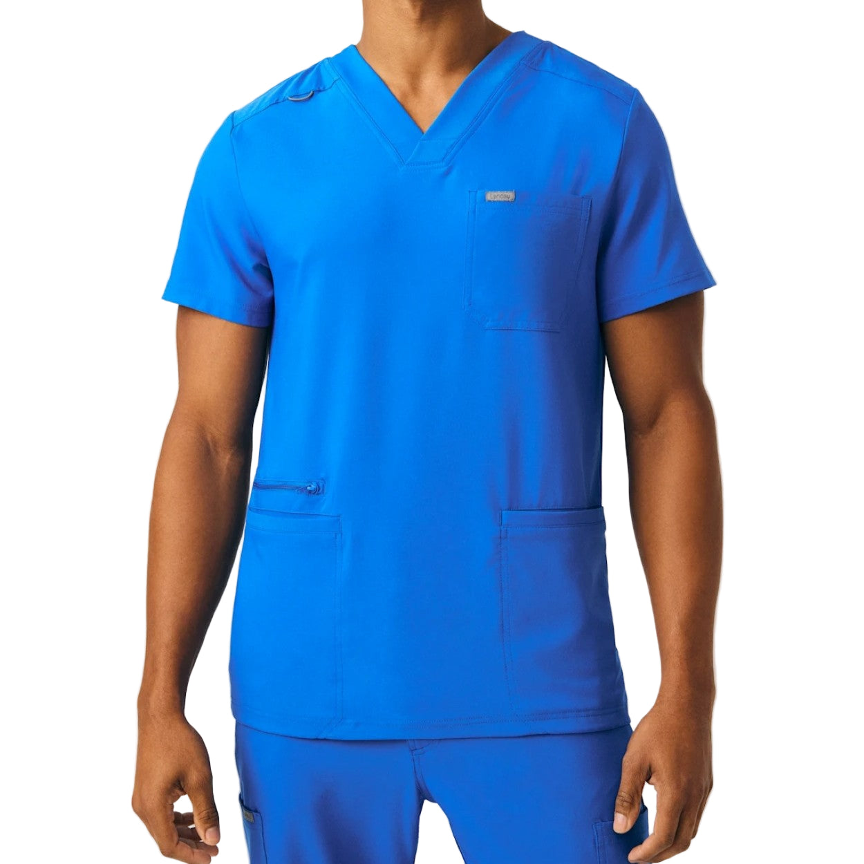 Royal blue scrub top on a white background