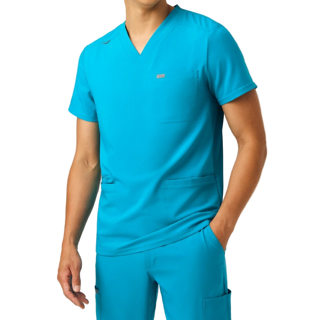 Teal scrub top on a white background