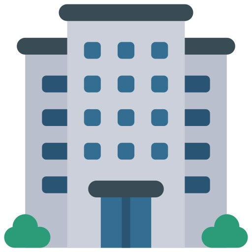 Illustration of a building with blue windows and green trees on a white background