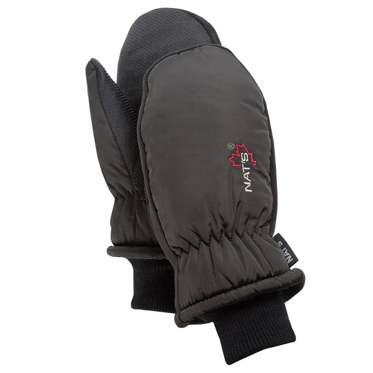 Black winter mitt on a white background