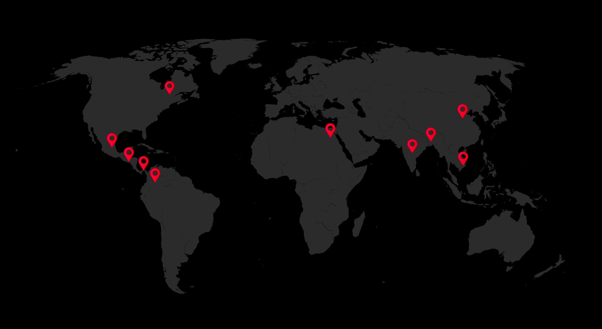 World map with red markers on a black background
