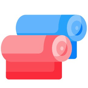 Two fabric rolls, one red and one blue, on a white background