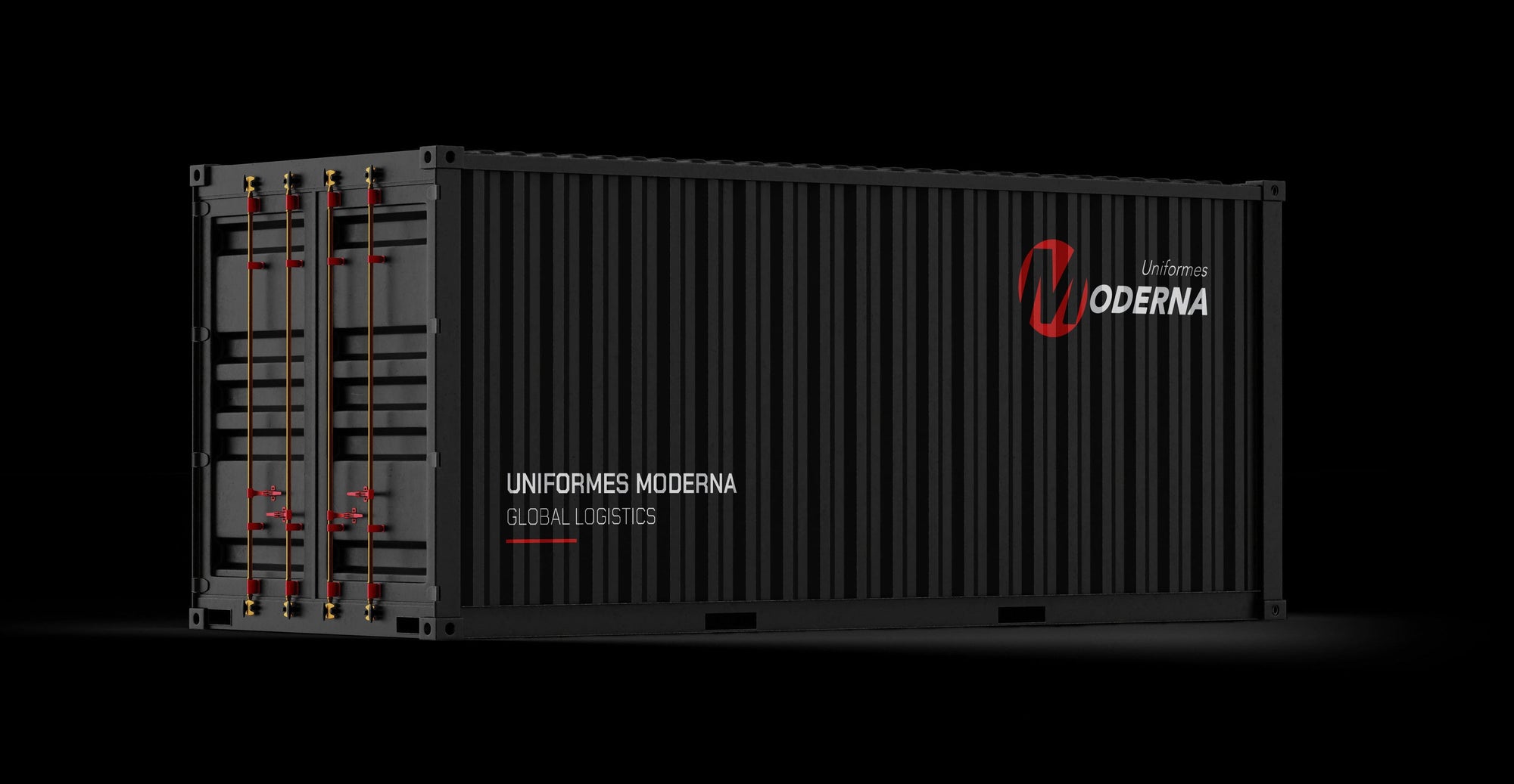 Black container with Uniformes Moderna logo on it