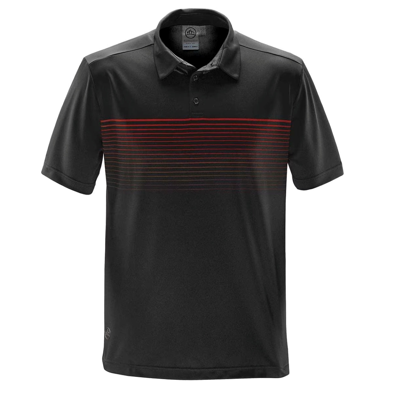Black polo shirt with red horizontal stripes on a white background