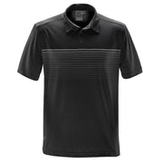 Black polo shirt with titanium grey stripes on a white background