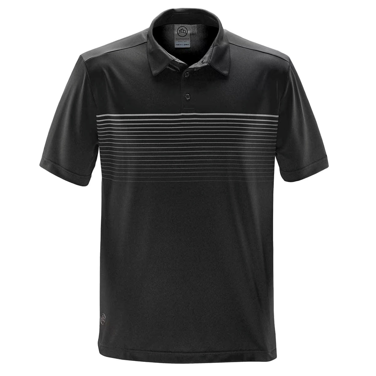 Black polo shirt with titanium grey stripes on a white background