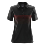 Black polo shirt with red horizontal stripes on a white background