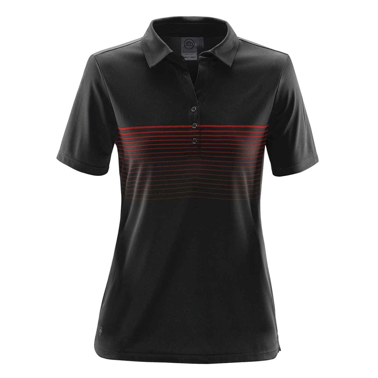 Black polo shirt with red horizontal stripes on a white background